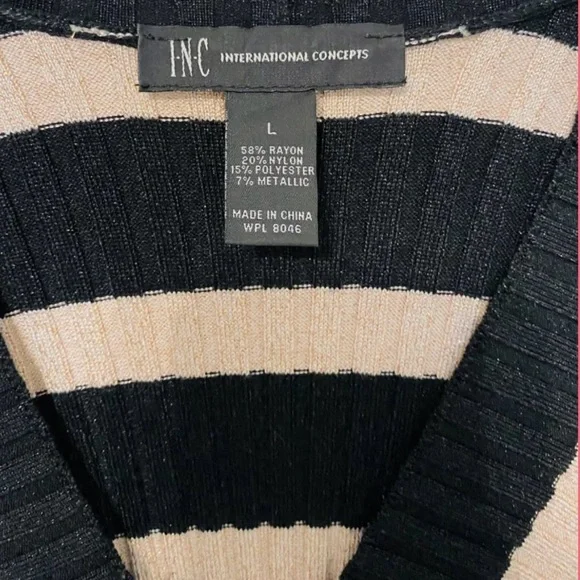 INC black and gold knit spandex body hugging striped sweater size large L - Picture 2 of 8